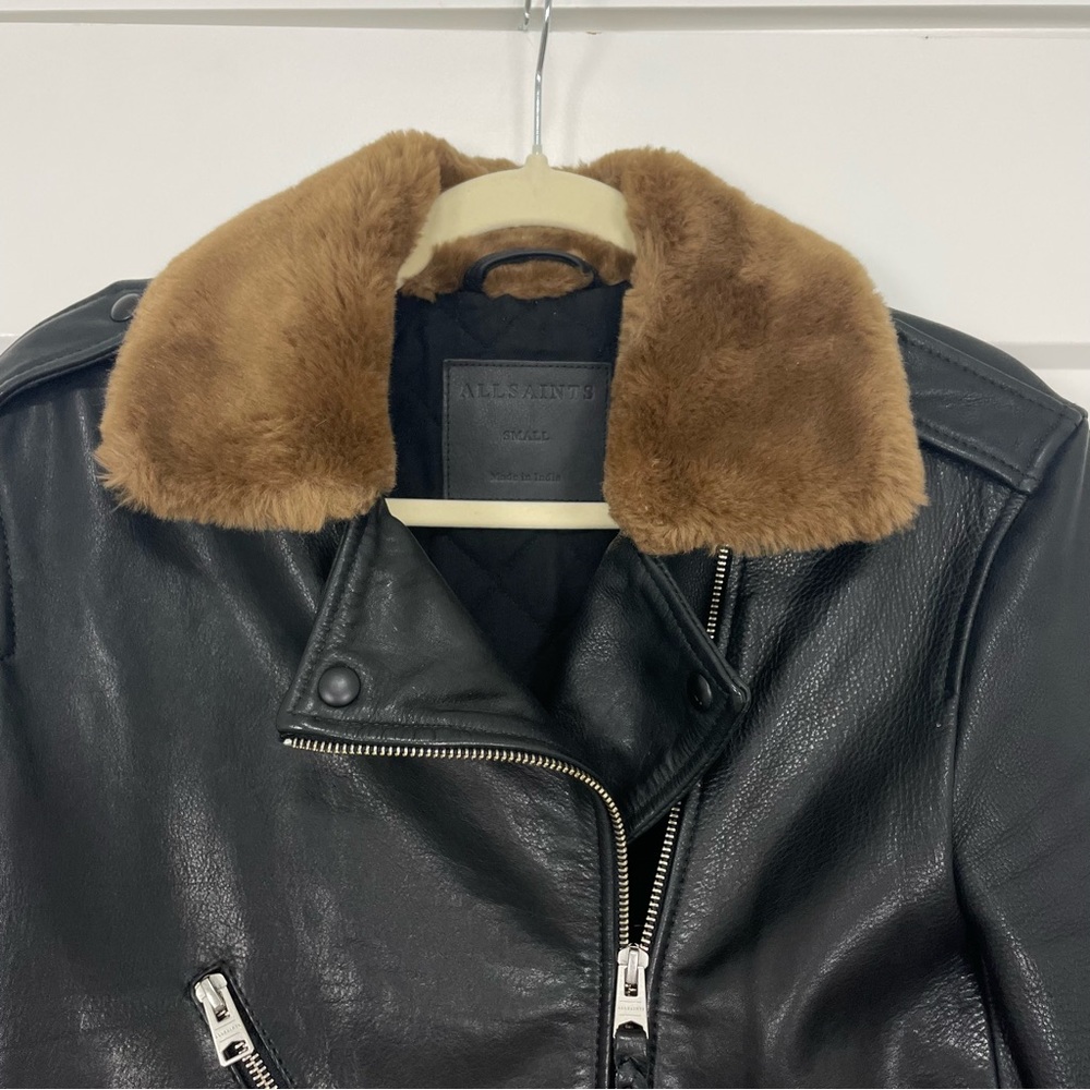 SOLD // All Saints Sherwood Leather Biker Jacket w/ Faux Fur Trim Size Small - Picture 7 of 14
